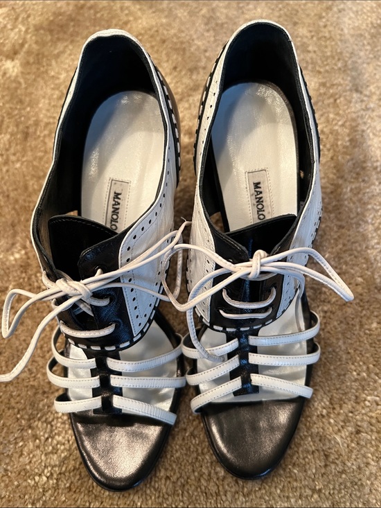 Manolo Blahnik Shoes - Manolo Blahnik Black and White Lace-Up Open-Toe Heels